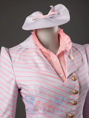 Glinda cosplay costume close-up with a bow hat above the pink-striped blazer and gold-tone buttons