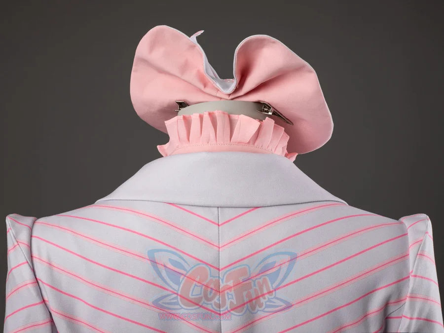 Glinda cosplay costume back detail with a bow hat above the pink-striped blazer collar and pink ruffle neckline
