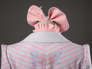 Glinda cosplay costume back detail with a bow hat above the pink-striped blazer collar and pink ruffle neckline