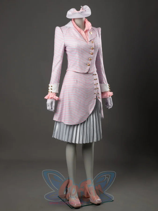 COSFUN Glinda cosplay costume pairing a pink-striped blazer with a bow hat and silver pleated skirt