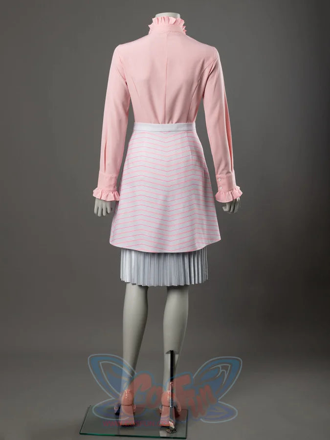 Glinda cosplay costume back view showing a pink ruffled blouse above the striped skirt and silver pleats