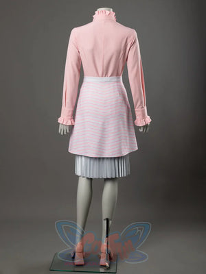 Glinda cosplay costume back view showing a pink ruffled blouse above the striped skirt and silver pleats