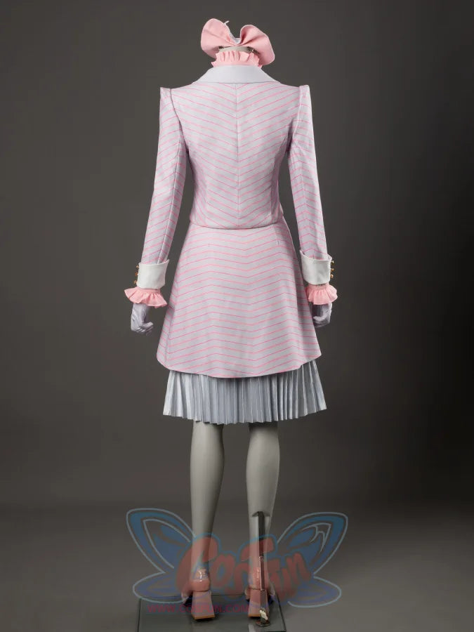 Glinda cosplay costume back view showing the pink-striped jacket falling over a silver pleated skirt