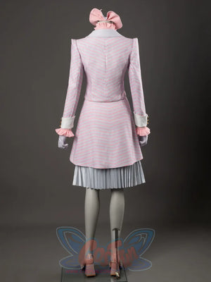 Glinda cosplay costume back view showing the pink-striped jacket falling over a silver pleated skirt