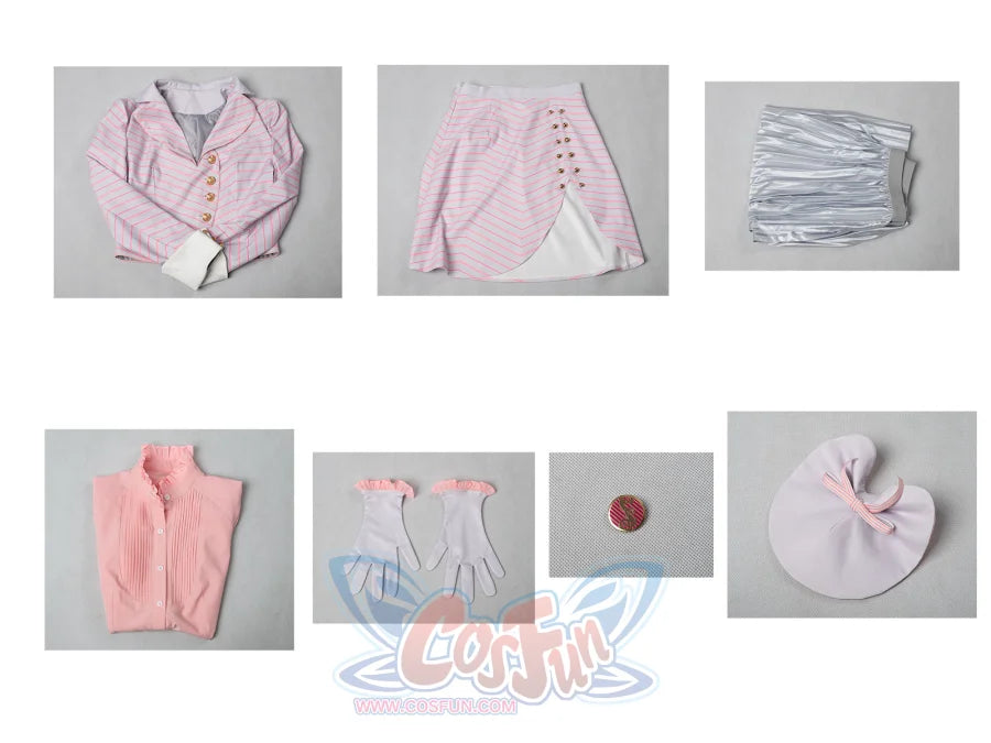 Glinda cosplay costume flat lay arranging the blazer, pink blouse, gloves, brooch, bow hat, and layered skirts
