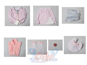 Glinda cosplay costume flat lay arranging the blazer, pink blouse, gloves, brooch, bow hat, and layered skirts
