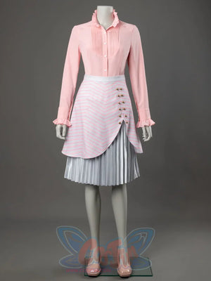 Glinda cosplay costume front view with a ruffled pink blouse set above a pink-striped wrap skirt and silver pleats
