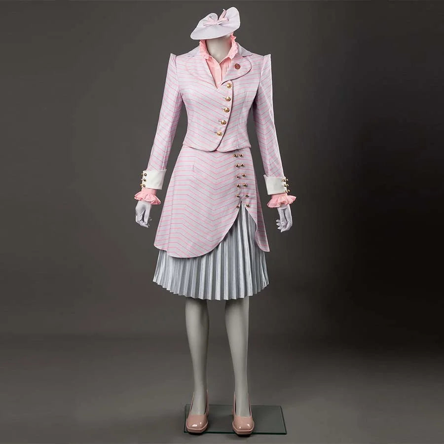 COSFUN Glinda cosplay costume pairing a pink-striped blazer with a bow hat and silver pleated skirt