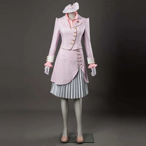 COSFUN Glinda cosplay costume pairing a pink-striped blazer with a bow hat and silver pleated skirt