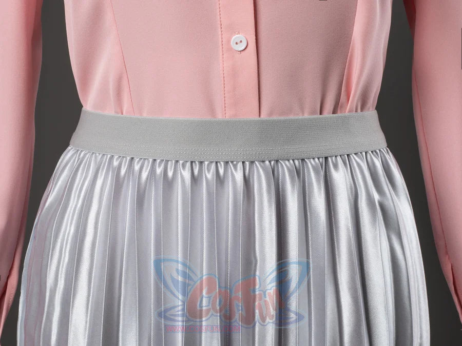 Glinda cosplay skirt close-up showing a gray waistband gathered over crisp silver pleated fabric