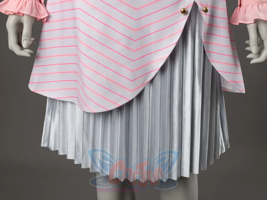 Glinda cosplay skirt close-up showing a curved pink-striped wrap panel over silver pleated layers