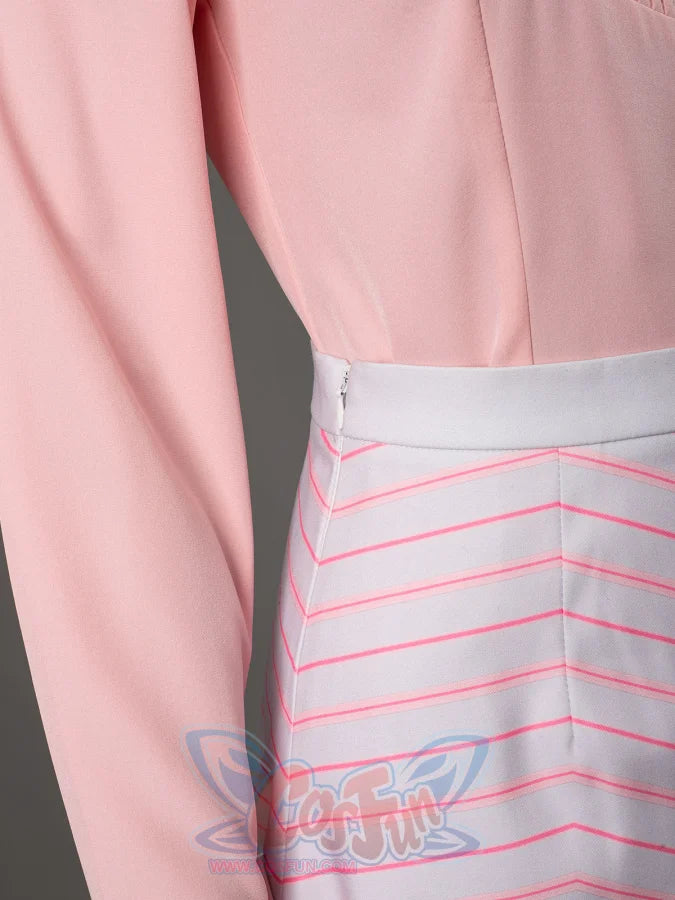 Glinda cosplay costume side detail with a pink blouse tucked into the striped skirt waistband