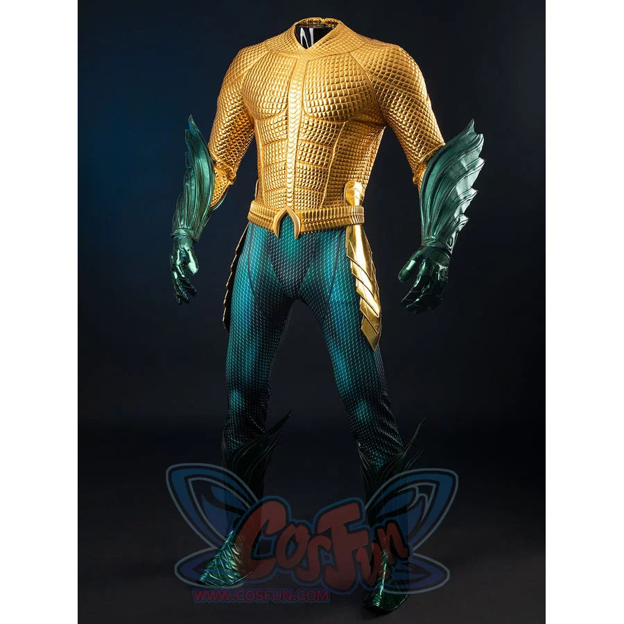 COSFUN gold-tone armored cosplay costume pairs a textured chest over teal scales and sculpted guards.