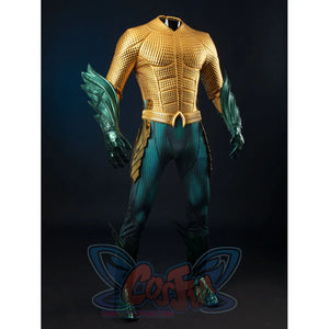 Gold-tone armored cosplay costume sets sculpted leg guards below the textured chest and waist armor.