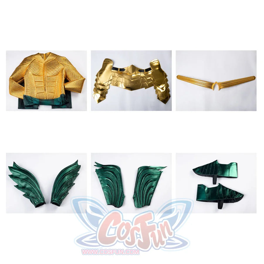 Gold-tone armored cosplay costume set flat lay gathers the bodice beside matching guards and covers.