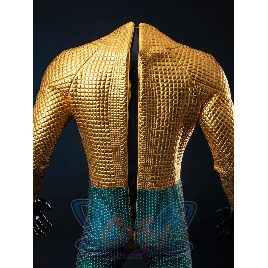 Gold-tone armored cosplay back panel drops from raised shoulders to teal scale legs in a rear view.