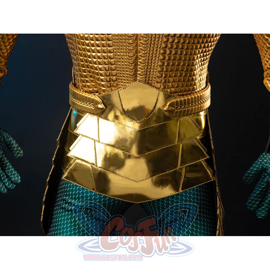 Gold-tone armored cosplay back waist detail stacks layered belt plates over teal scale legs.