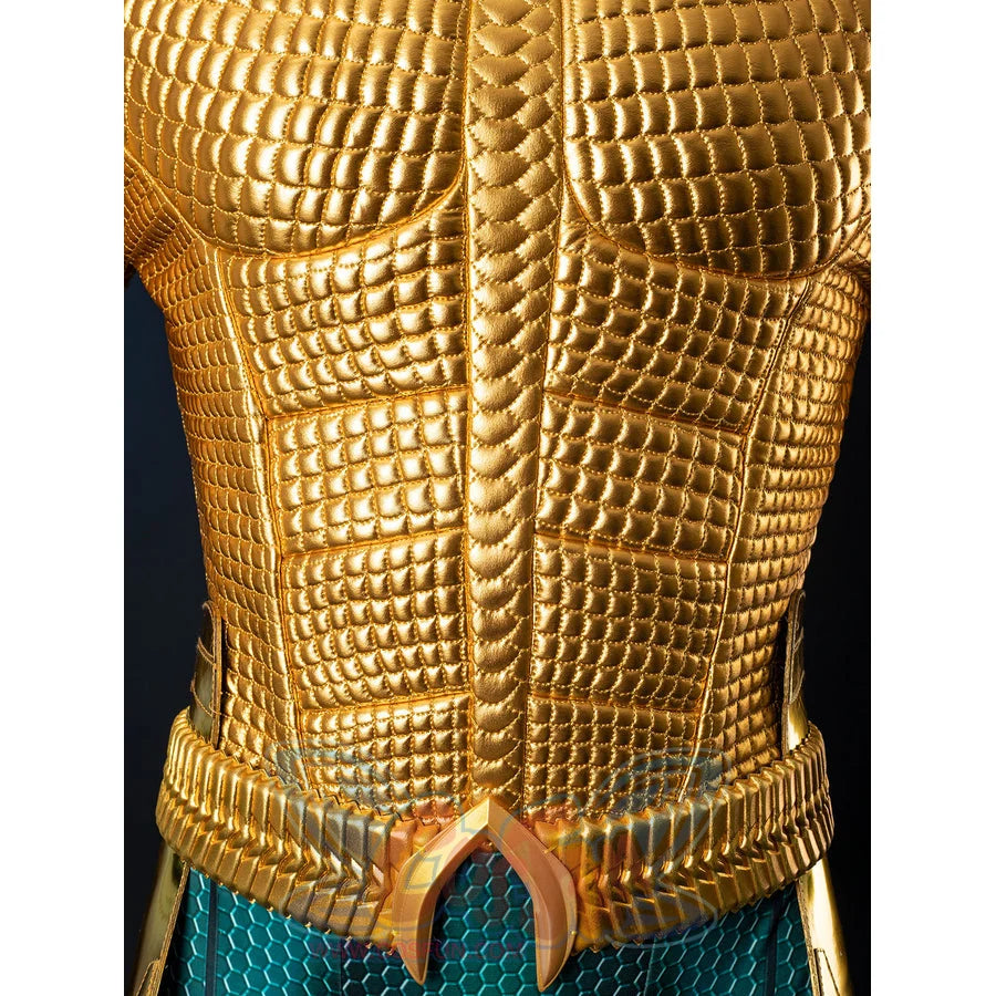 Gold-tone armored cosplay belt center anchors the textured bodice above teal scales and pointed emblem.