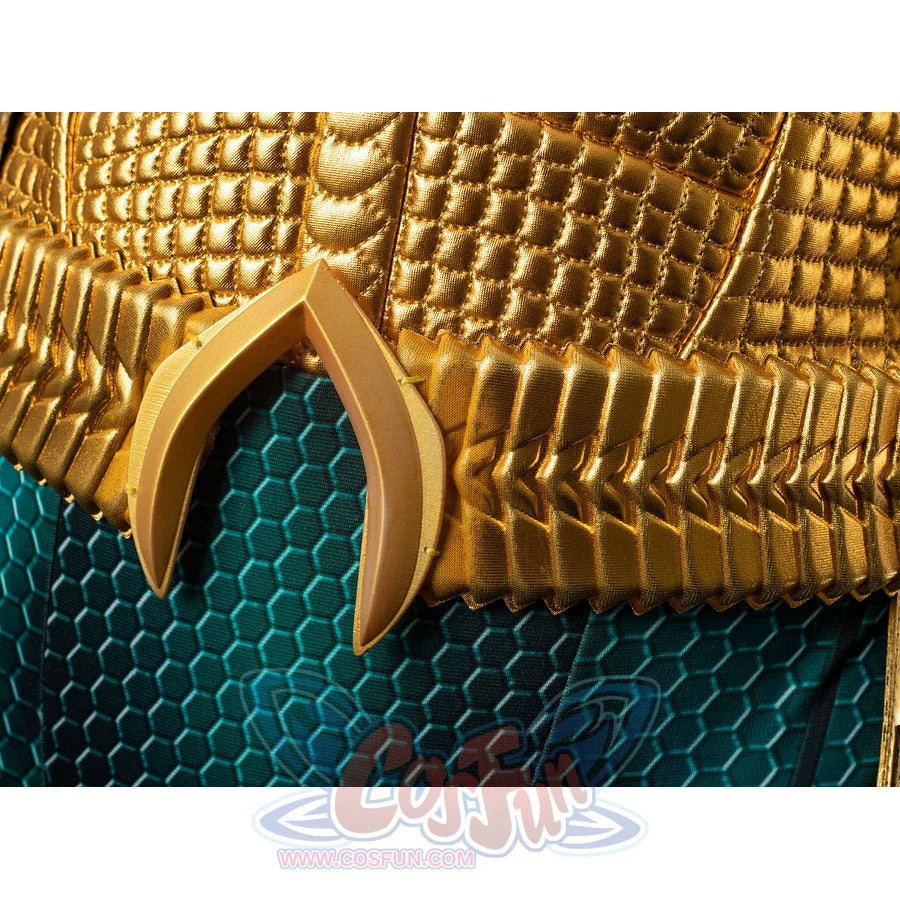 Gold-tone armored cosplay belt close-up centers the pointed emblem under raised chest texture.