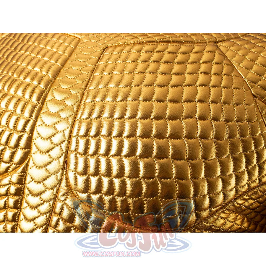 Gold-tone armored cosplay chest texture close-up centers quilted scales around the raised chest panel.