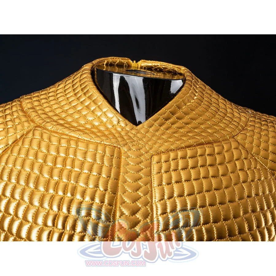 Gold-tone armored cosplay neckline detail frames a V-shaped collar across raised quilted texture.