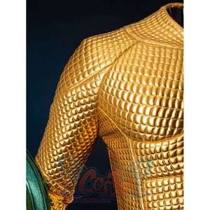 Gold-tone armored cosplay shoulder detail traces scale texture from sleeve into the sculpted chest panel.