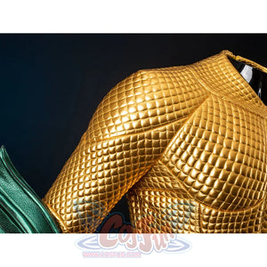 Gold-tone armored cosplay side bodice curves raised chest texture into the sleeve and waist edge.