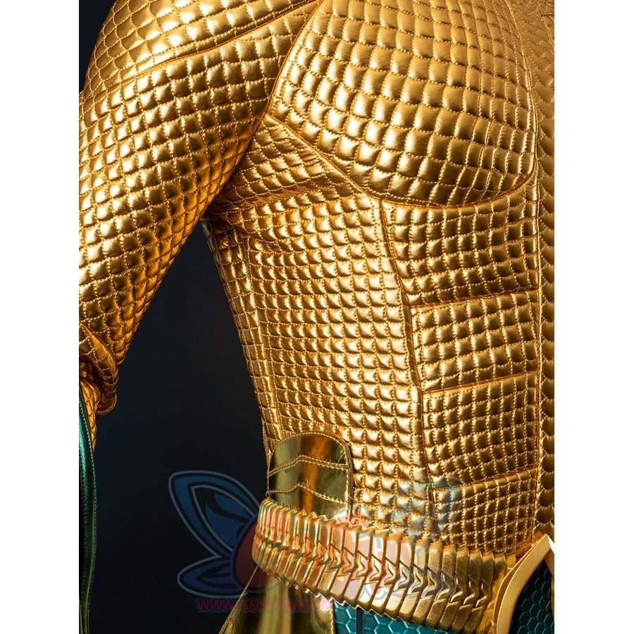 Gold-tone armored cosplay side waist detail frames the belt edge below curved chest panels.
