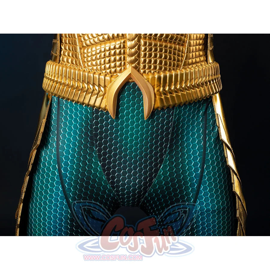 Gold-tone armored cosplay waist front layers a ridged belt over teal scale fabric and side panels.