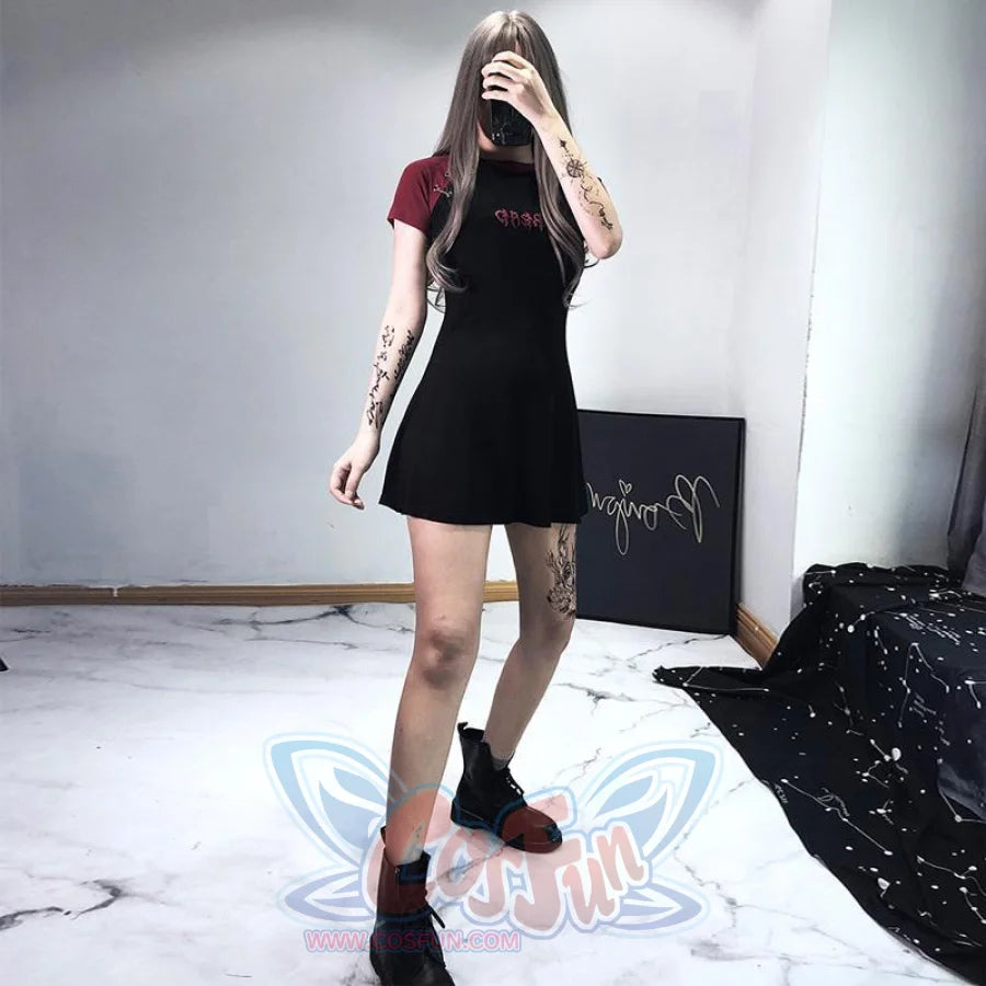 Gothic Letter Embroidery Color Block A-Line T-Shirt Dress Mp006173