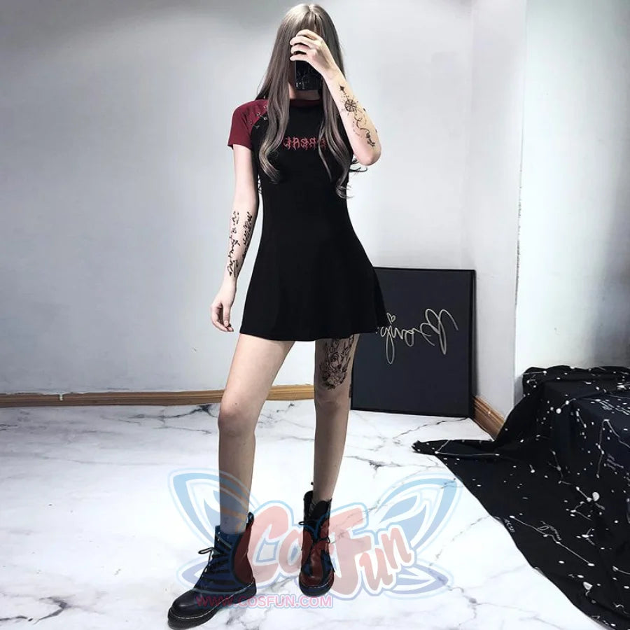 Gothic Letter Embroidery Color Block A-Line T-Shirt Dress Mp006173