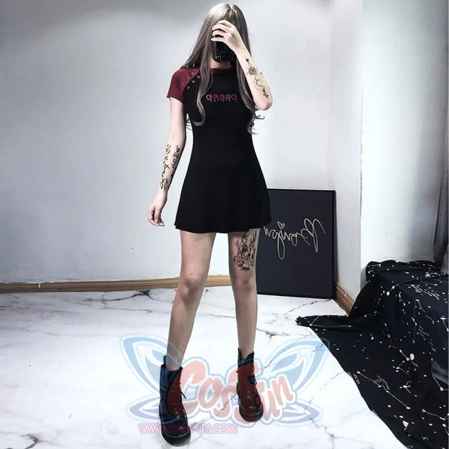 Gothic Letter Embroidery Color Block A-Line T-Shirt Dress Mp006173