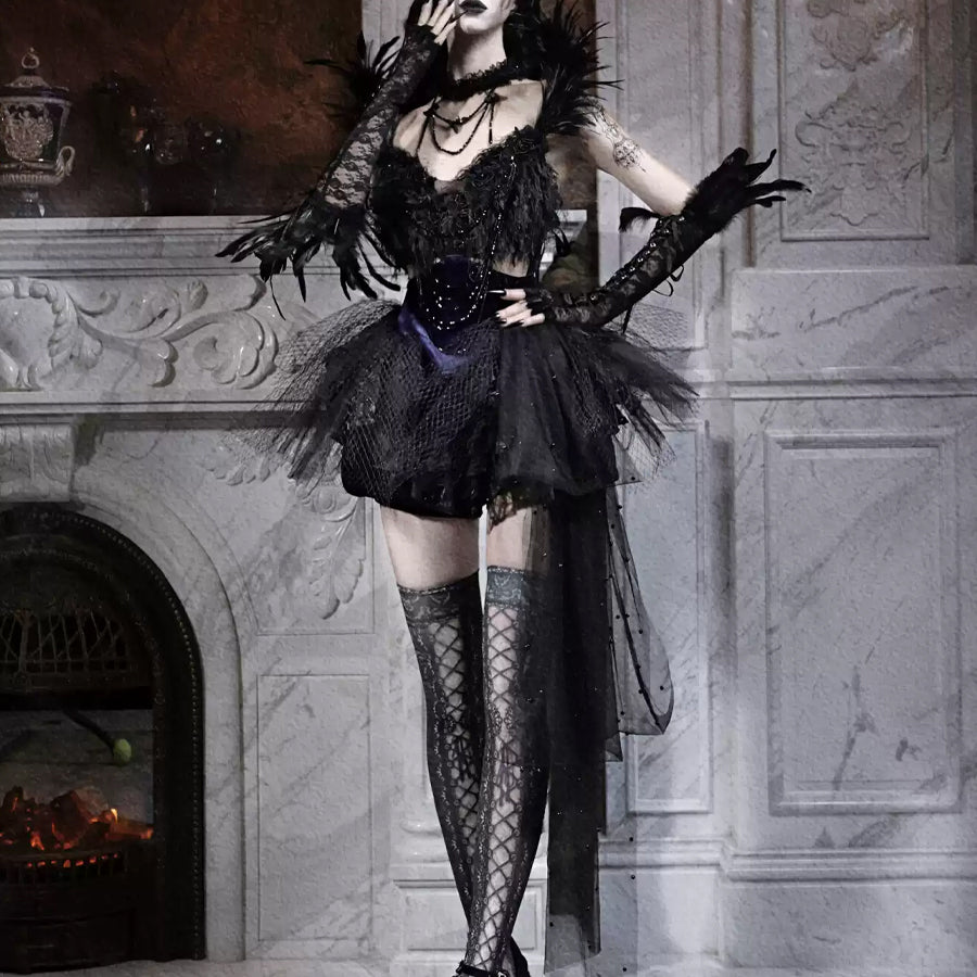 Elegy Day Gothic Feather Rhinestone Velvet Dress