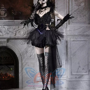 Elegy Day Gothic Feather Rhinestone Velvet Dress