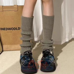 Gray ribbed scrunched leg warmers 50cm length paired with blue transparent platform shoes