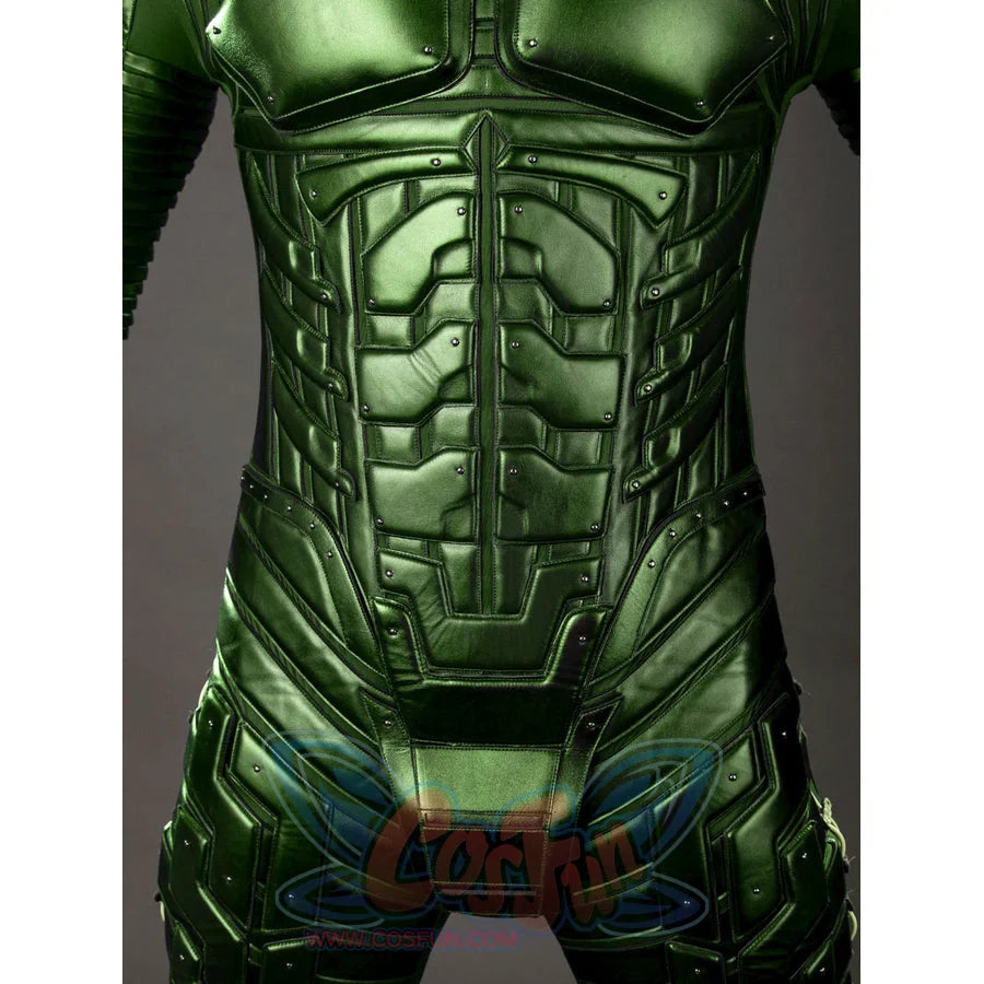 Green Goblin Norman Osborn cosplay costume abdomen detail stacks sculpted green armor down the torso.