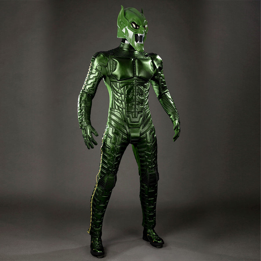Green Goblin Norman Osborn cosplay costume angled front view centers chest armor and ribbed leg panels.