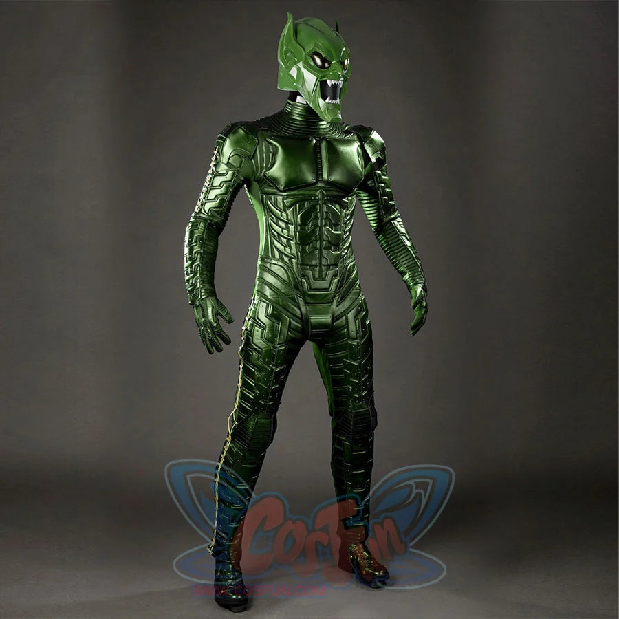 Green Goblin Norman Osborn cosplay costume angled front view centers chest armor and ribbed leg panels.