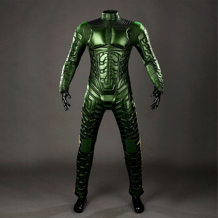 Green Goblin Norman Osborn cosplay costume back view stacks ribbed shoulder panels above green legs.