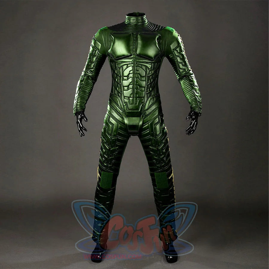Green Goblin Norman Osborn cosplay costume back view stacks ribbed shoulder panels above green legs.