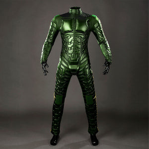 Green Goblin Norman Osborn cosplay costume back view stacks ribbed shoulder panels above green legs.