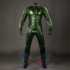 Green Goblin Norman Osborn cosplay costume back view stacks ribbed shoulder panels above green legs.