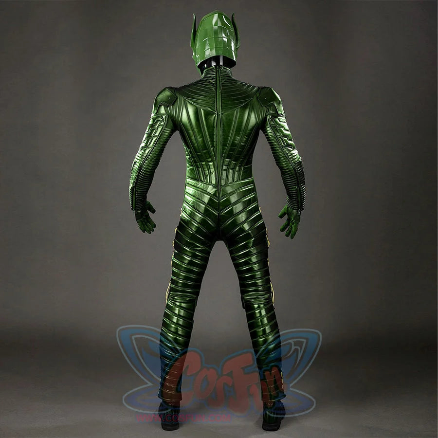 Green Goblin Norman Osborn cosplay costume back view aligns green spine panels down the bodysuit.