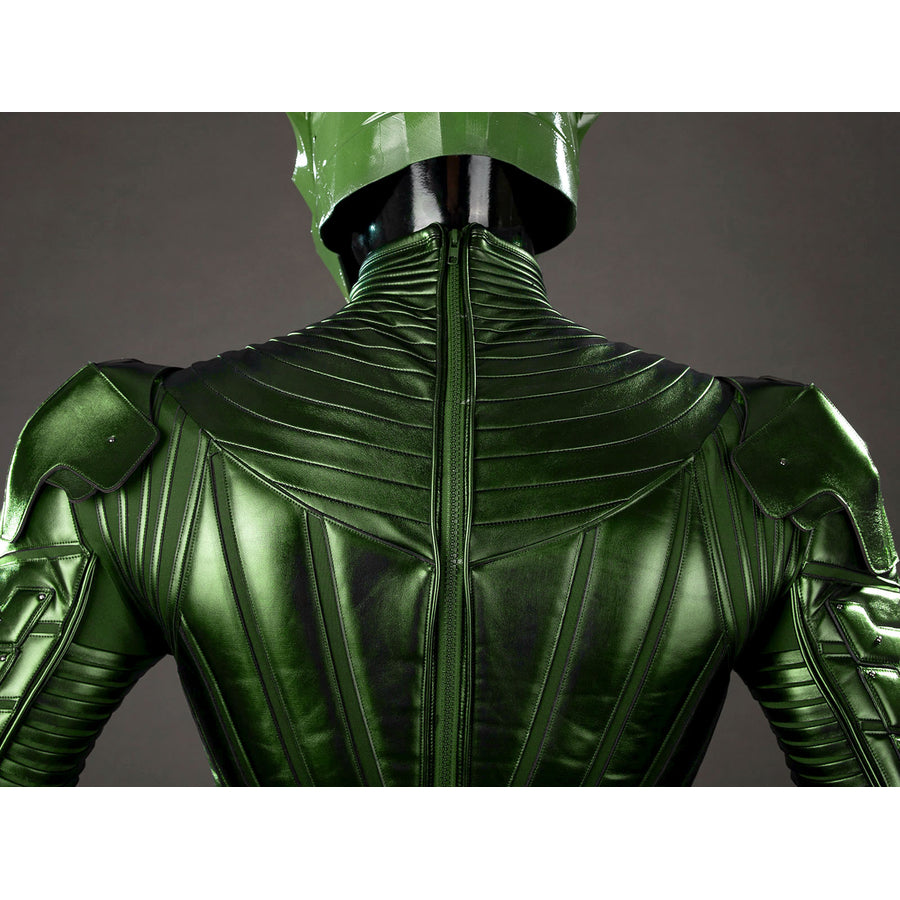 Green Goblin Norman Osborn cosplay costume back detail centers the zipper between ribbed shoulder plates.