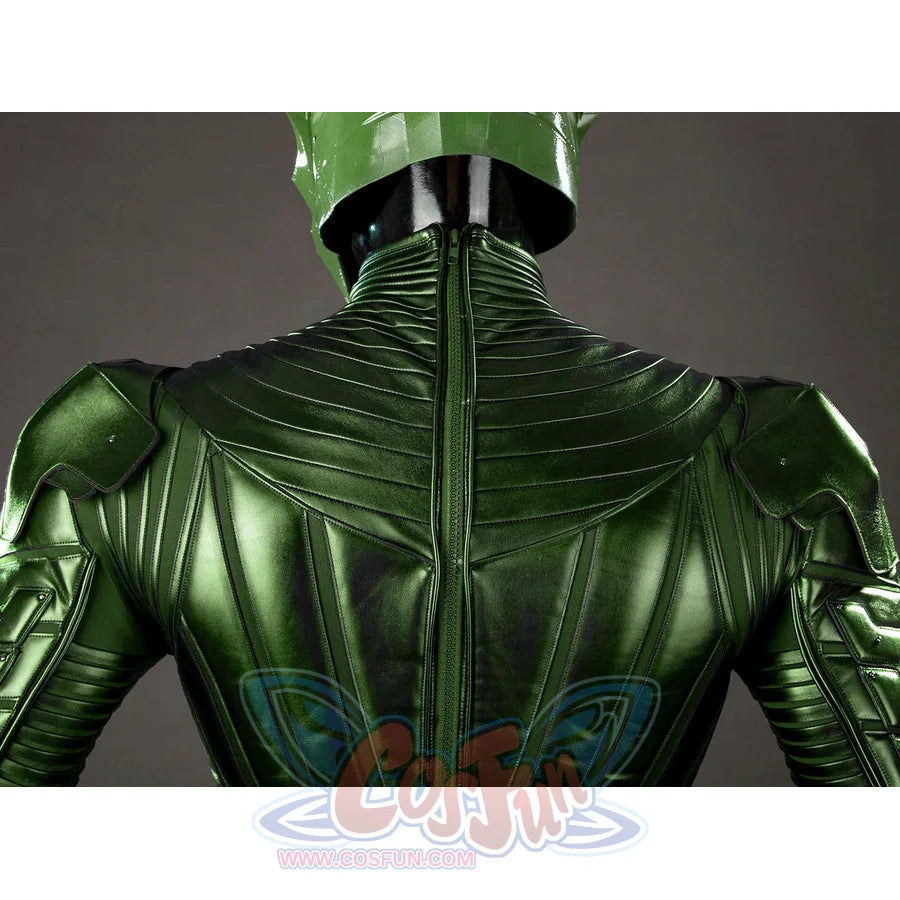 Green Goblin Norman Osborn cosplay costume back detail centers the zipper between ribbed shoulder plates.