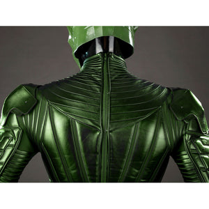 Green Goblin Norman Osborn cosplay costume back detail centers the zipper between ribbed shoulder plates.