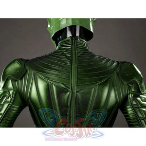 Green Goblin Norman Osborn cosplay costume back detail centers the zipper between ribbed shoulder plates.