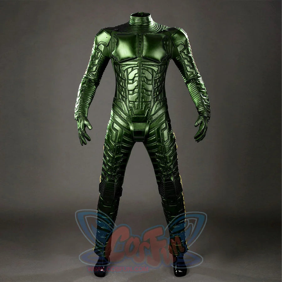 Green Goblin Norman Osborn cosplay costume bodysuit front view centers sculpted chest and abdomen armor.