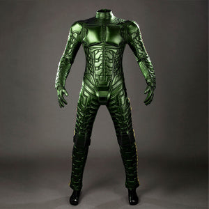 Green Goblin Norman Osborn cosplay costume bodysuit front view centers sculpted chest and abdomen armor.