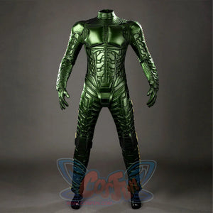 Green Goblin Norman Osborn cosplay costume bodysuit front view centers sculpted chest and abdomen armor.